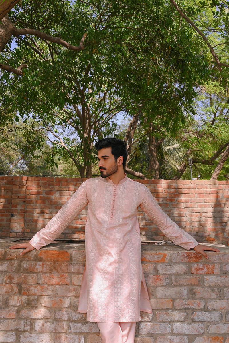Pastel Pink Chikankari Raw Silk Kurta (2-Piece) - Image 4