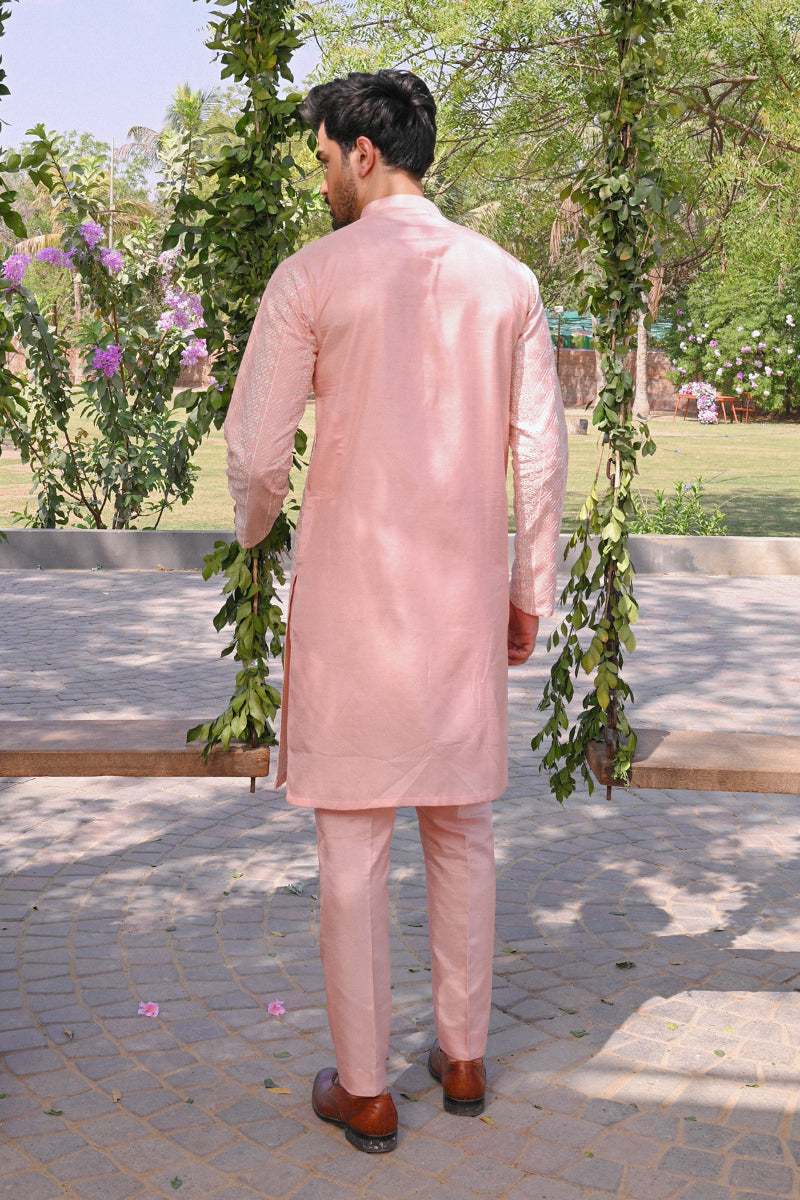 Pastel Pink Chikankari Raw Silk Kurta (2-Piece) - Image 5