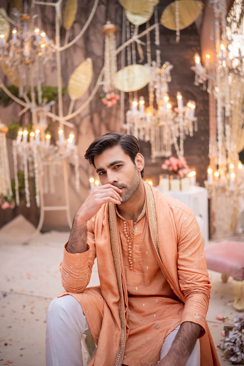 Peach Embroidered Raw Silk Kurta Set (3-Piece) - Image 1