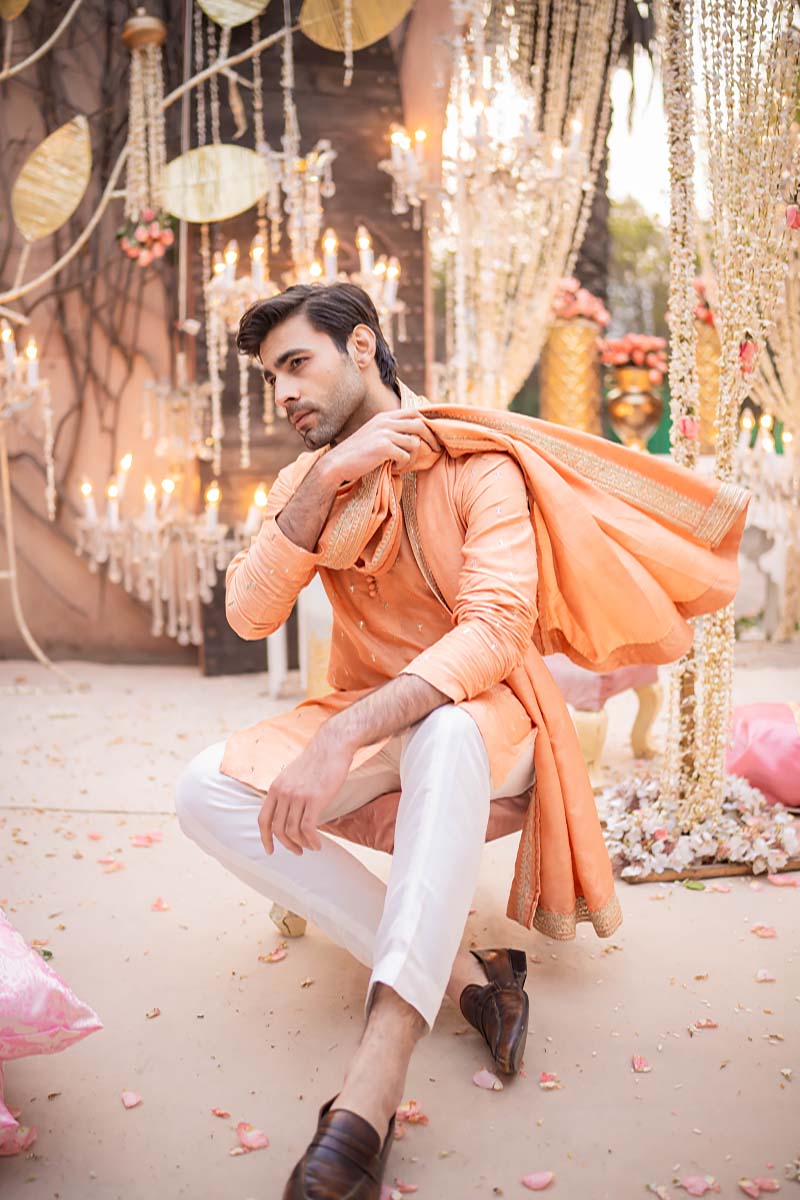 Peach Embroidered Raw Silk Kurta Set (3-Piece) - Image 4