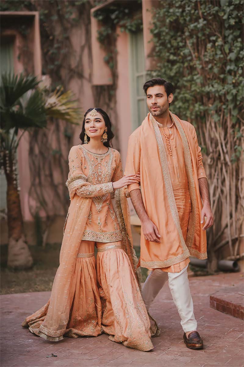 Peach Embroidered Raw Silk Kurta Set (3-Piece) - Image 6