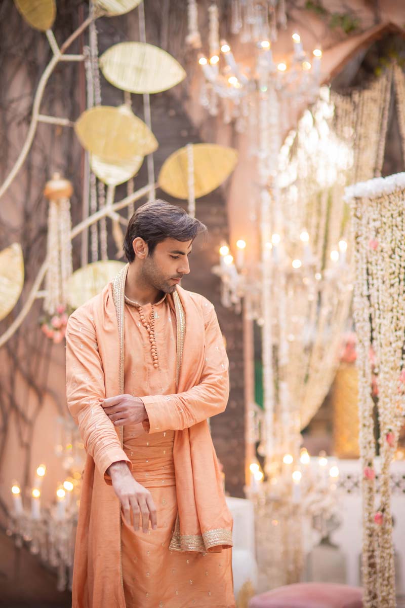 Peach Embroidered Raw Silk Kurta Set (3-Piece) - Image 7