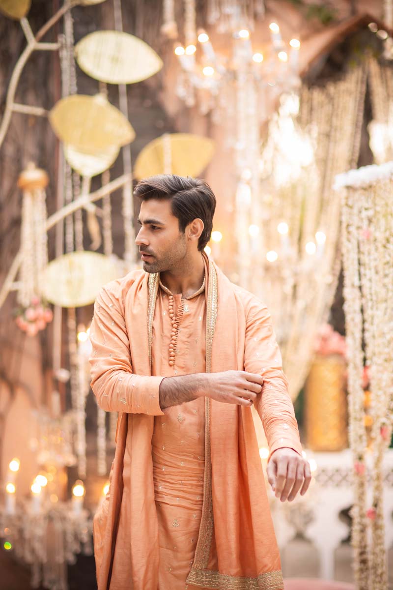 Peach Embroidered Raw Silk Kurta Set (3-Piece) - Image 8