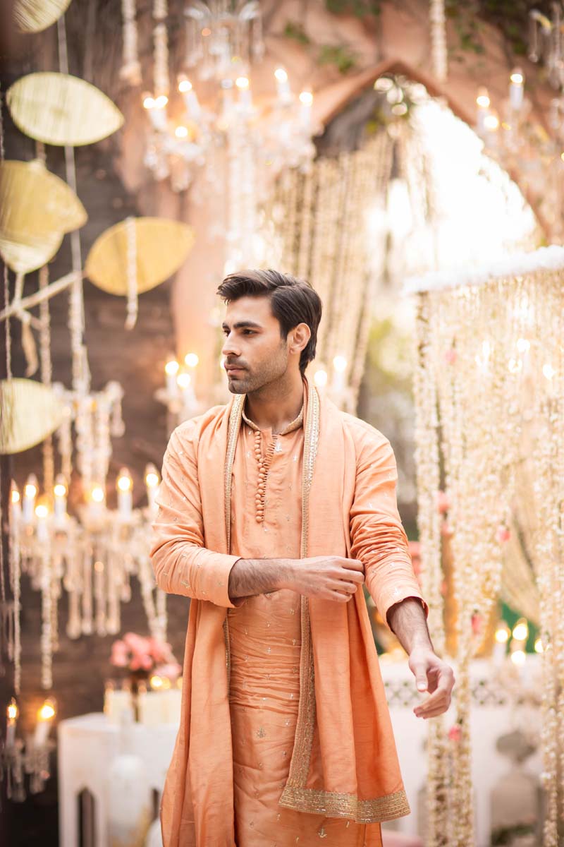 Peach Embroidered Raw Silk Kurta Set (3-Piece) - Image 9