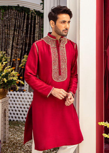 Fuchsia Embroidered Korean Rawsilk Kurta (2-Piece) - Image 1