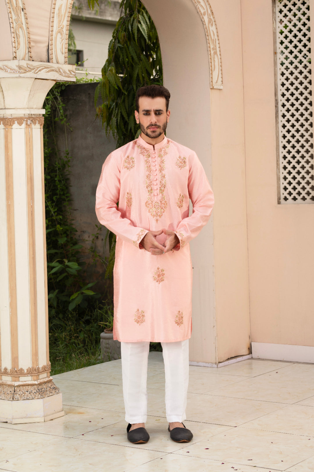 Light Pink Adda Embroidered Silk Kurta Pajama (2-Piece) - Image 2