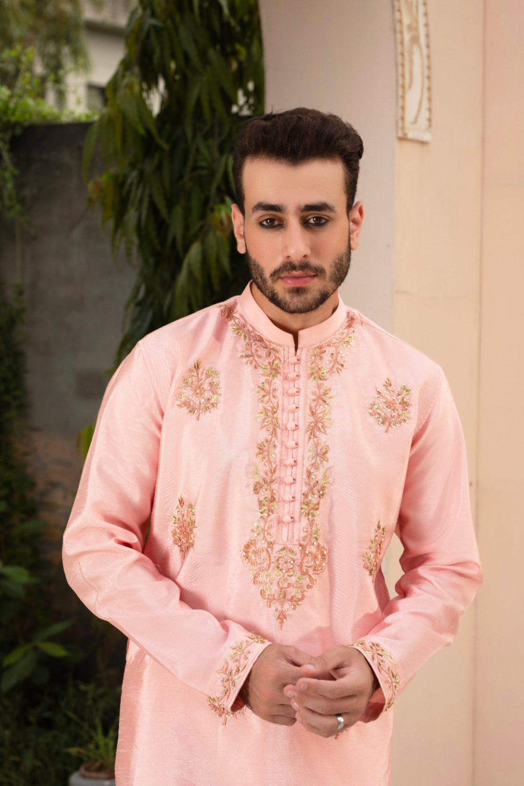Light Pink Adda Embroidered Silk Kurta Pajama (2-Piece) - Image 3