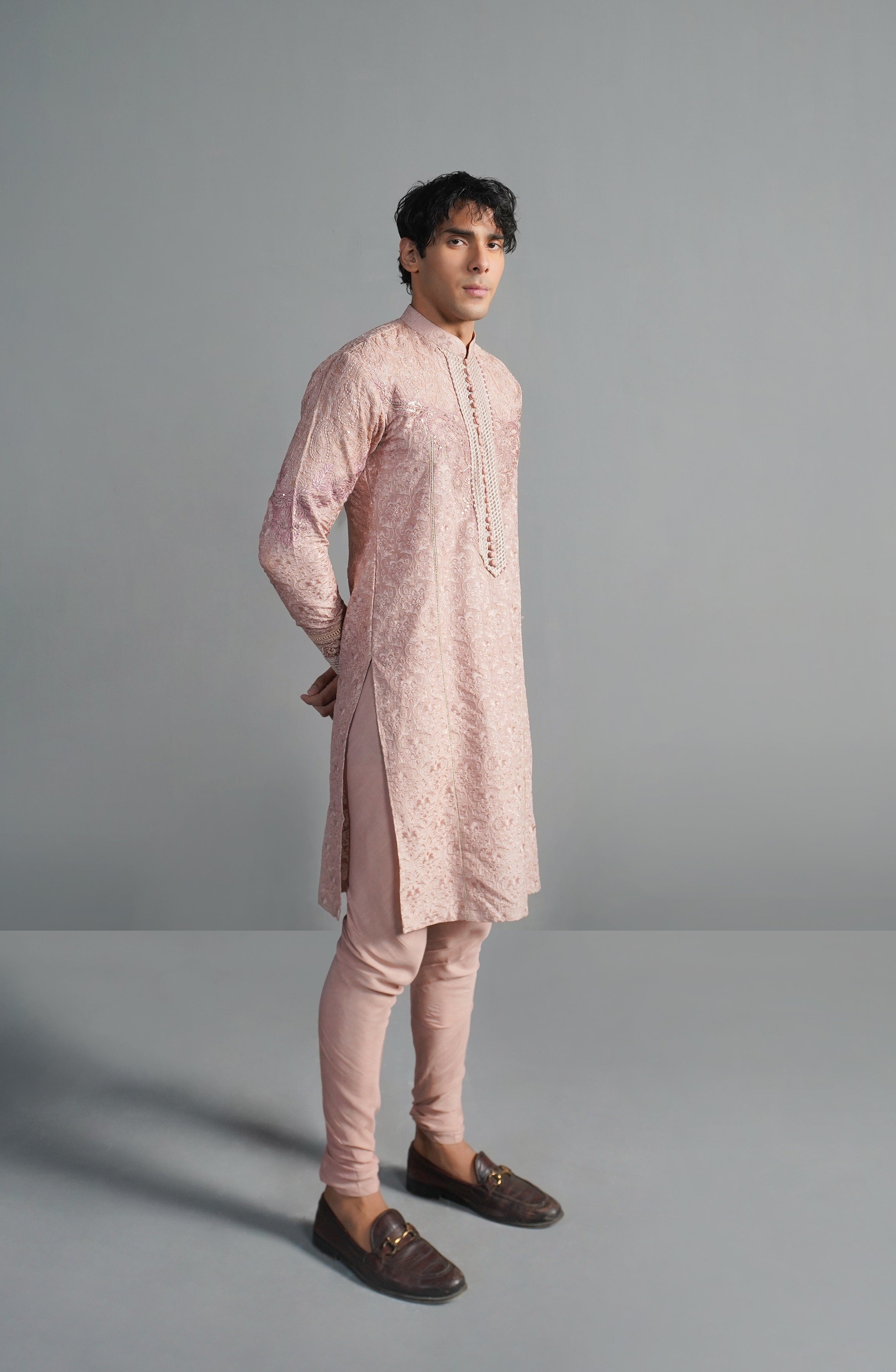 Salmon Pink Sequinned Embroidered Silk-Blend Kurta (2-Piece) - Image 1