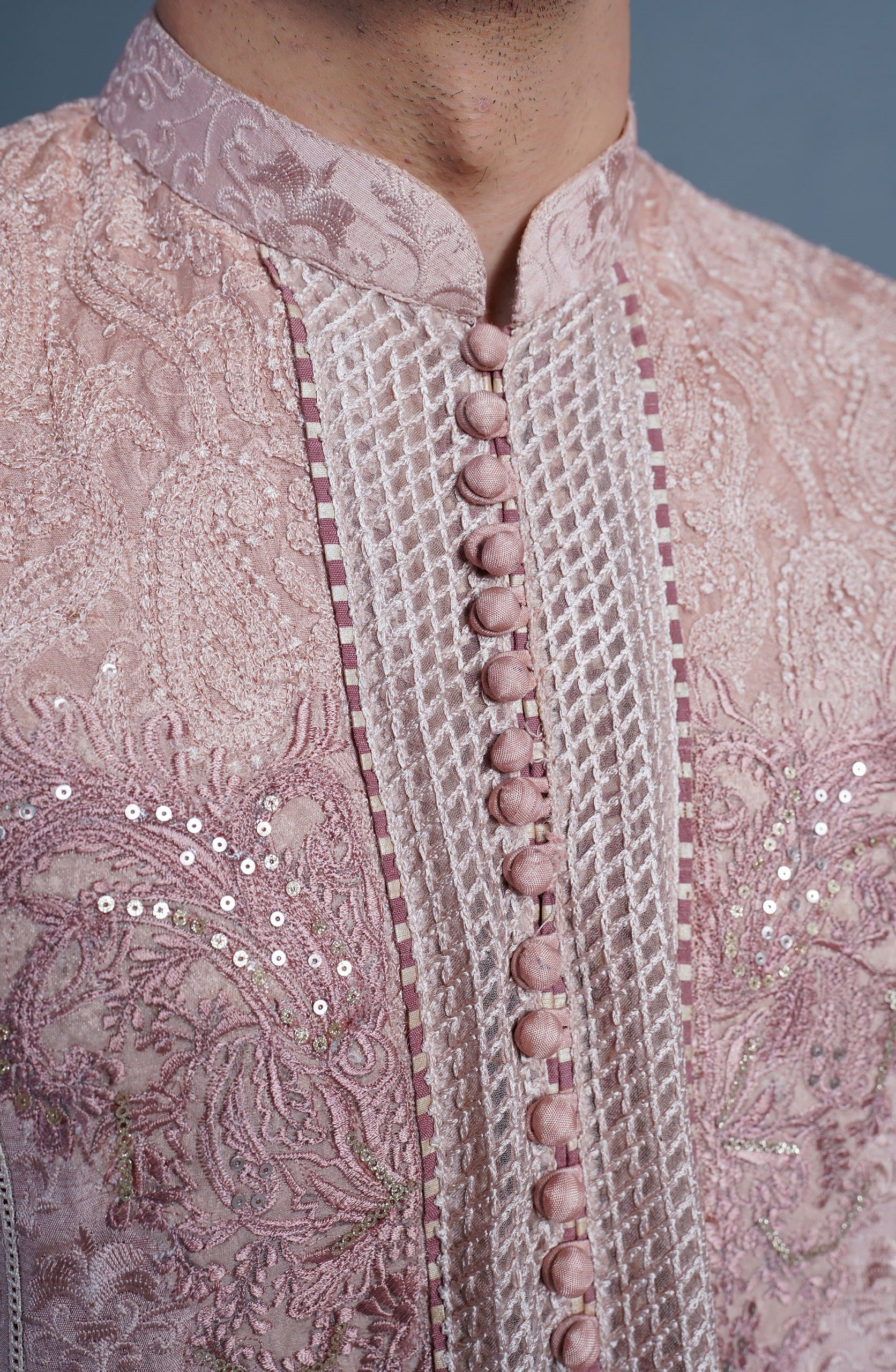 Salmon Pink Sequinned Embroidered Silk-Blend Kurta (2-Piece) - Image 2