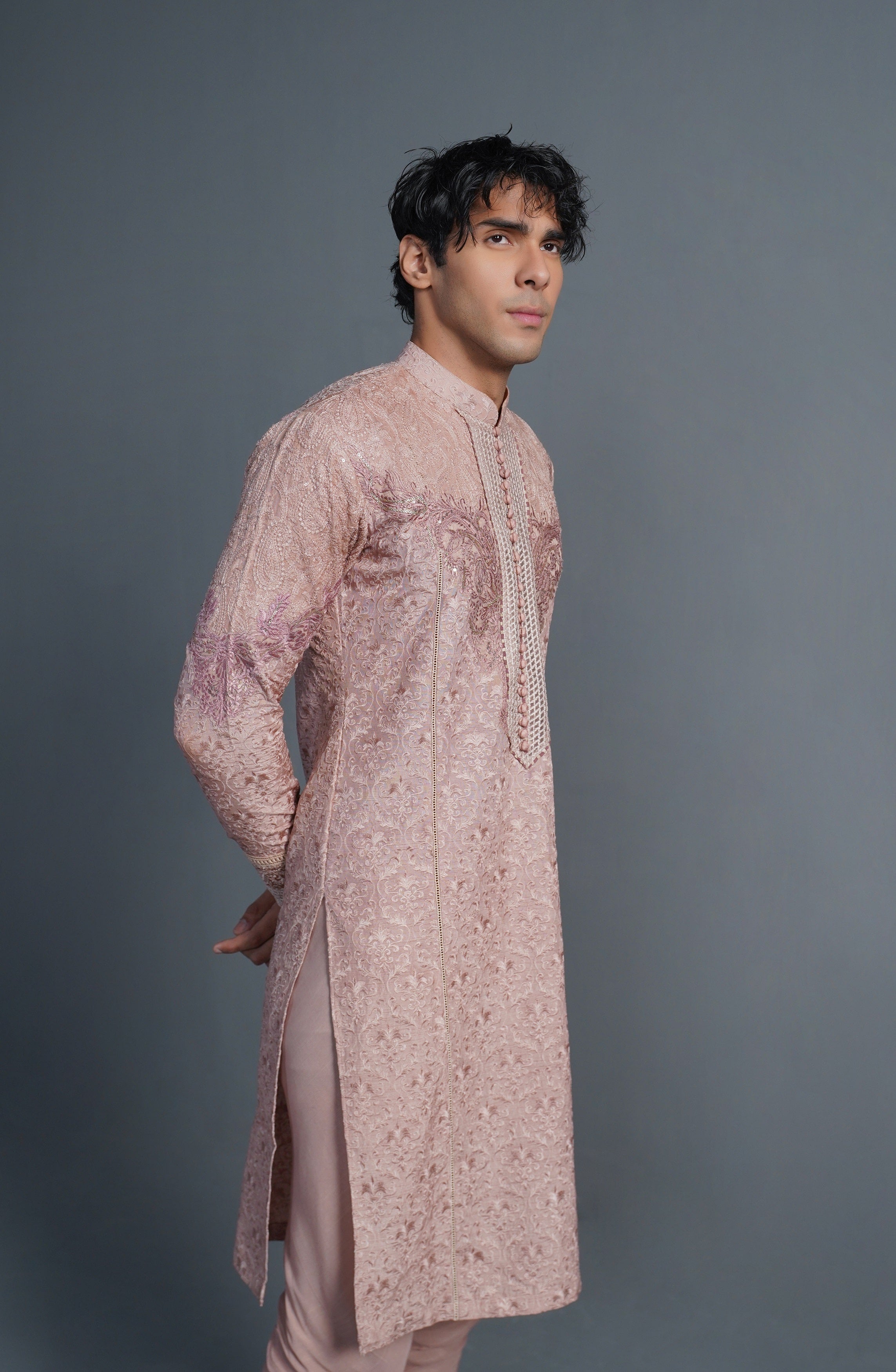 Salmon Pink Sequinned Embroidered Silk-Blend Kurta (2-Piece) - Image 4