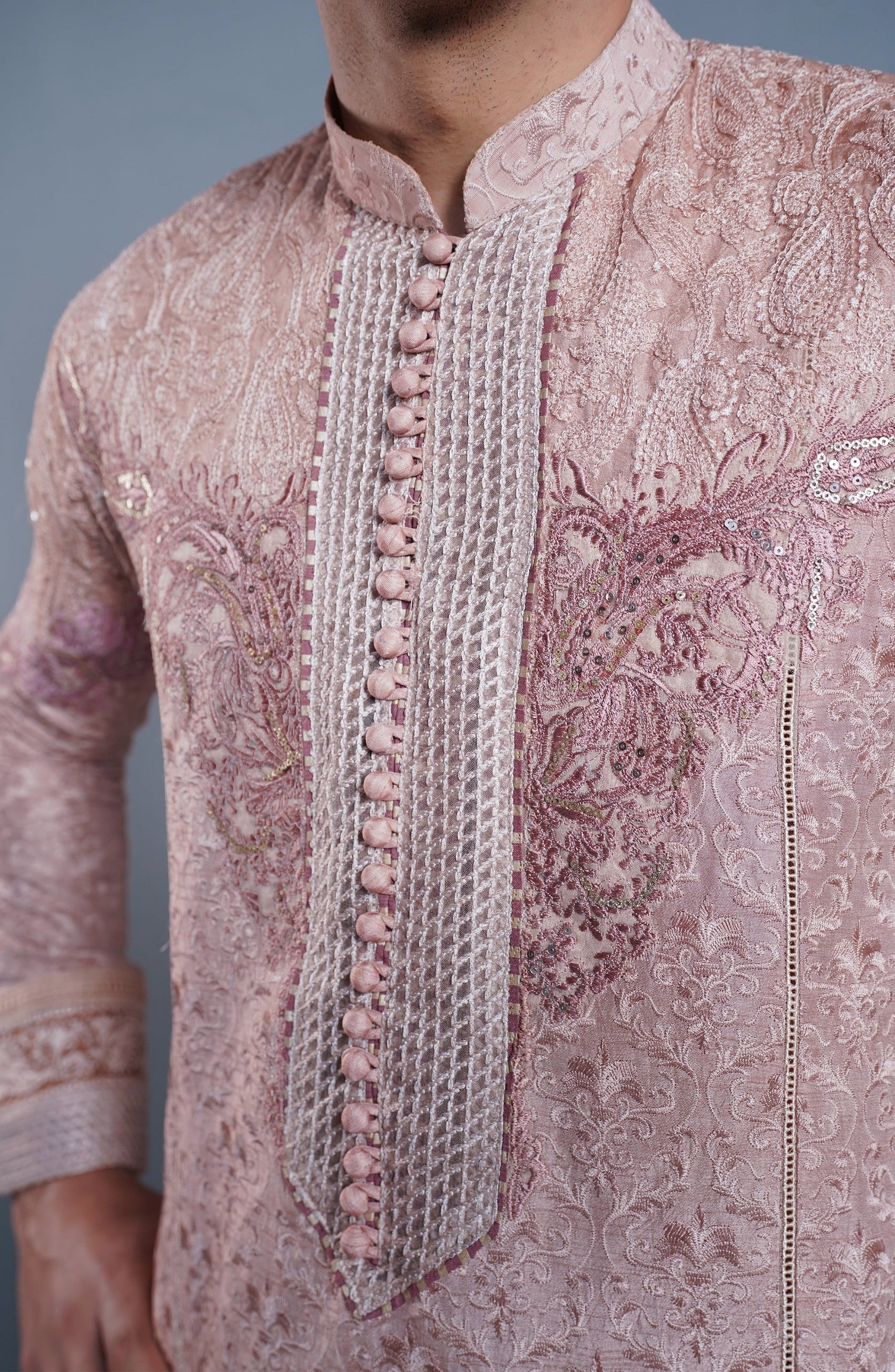 Salmon Pink Sequinned Embroidered Silk-Blend Kurta (2-Piece) - Image 5