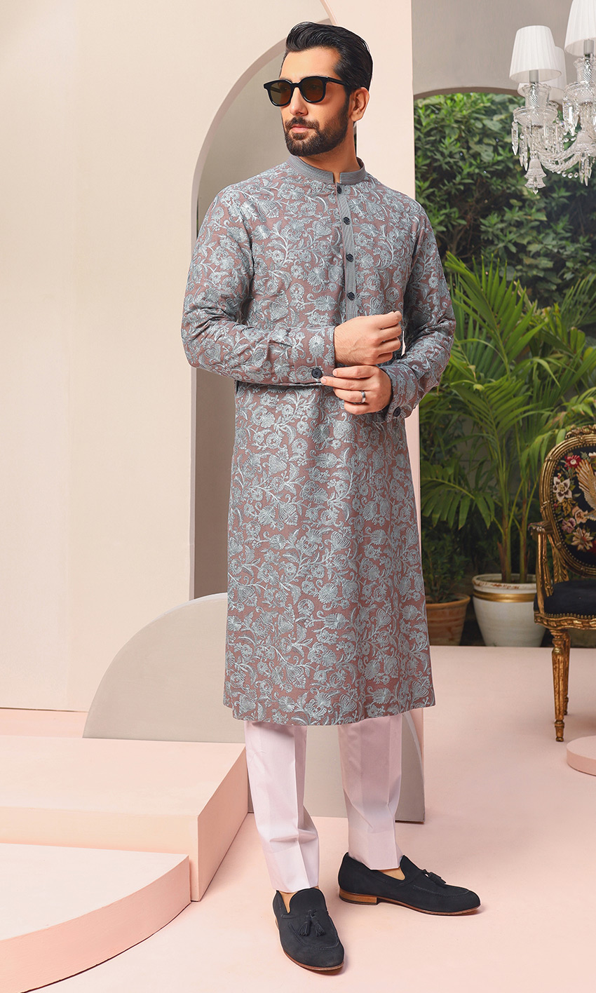 Muted Mauve Silver Jacquard Kurta (2-Piece) - Image 1