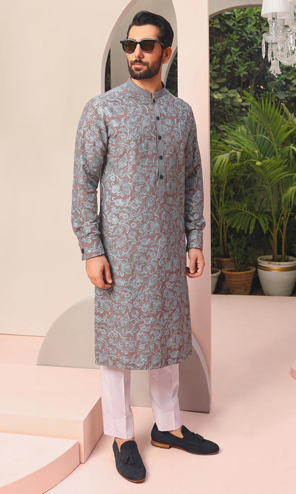 Muted Mauve Silver Jacquard Kurta (2-Piece) - Image 3