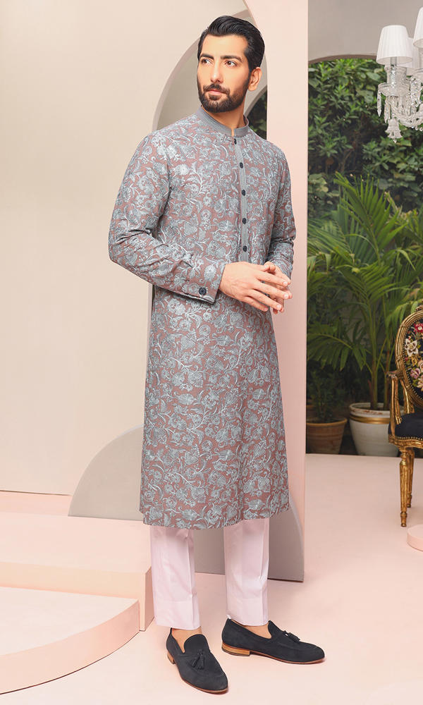 Muted Mauve Silver Jacquard Kurta (2-Piece) - Image 5
