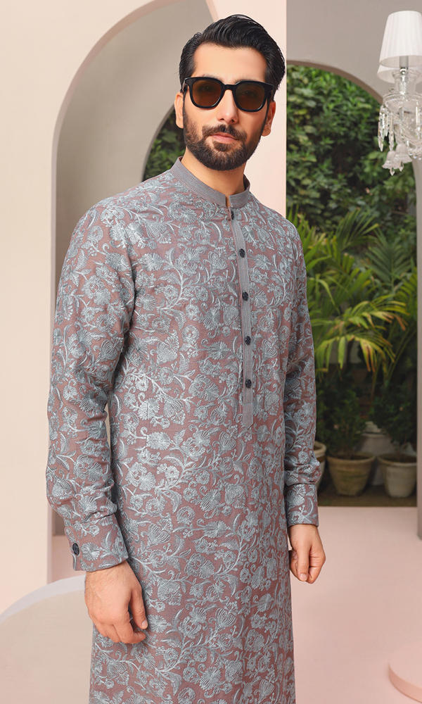 Muted Mauve Silver Jacquard Kurta (2-Piece) - Image 6