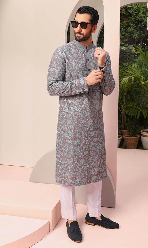 Muted Mauve Silver Jacquard Kurta (2-Piece) - Image 7