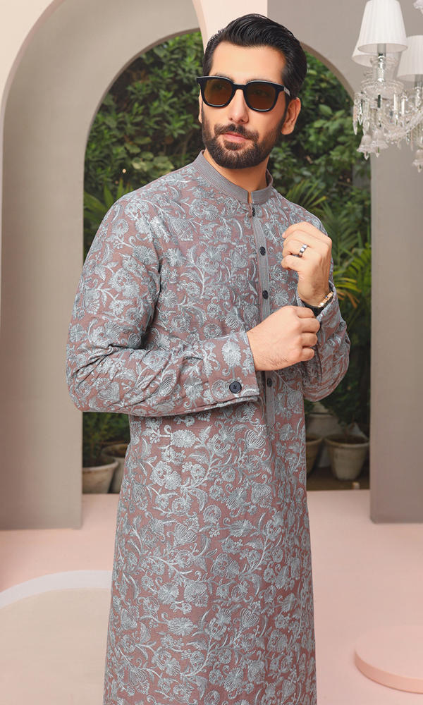 Muted Mauve Silver Jacquard Kurta (2-Piece) - Image 8