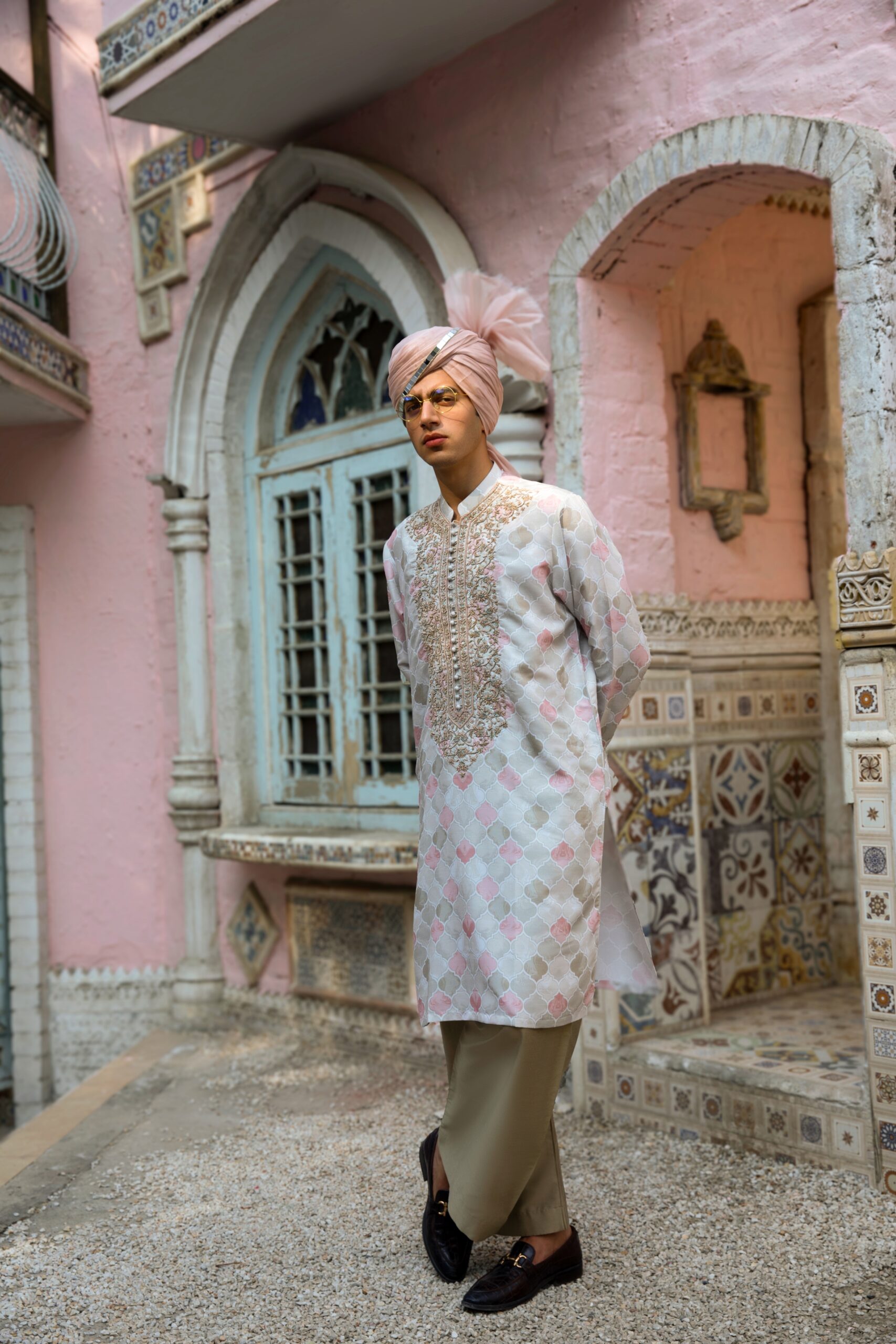 Pastel Rose Gold Embroidered Silk-Blend Men's Kurta (2-Piece) - Image 1