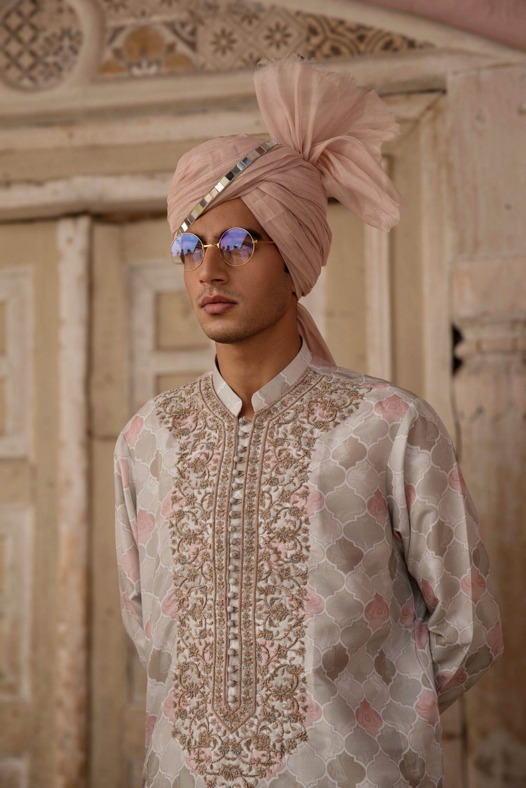 Pastel Rose Gold Embroidered Silk-Blend Men's Kurta (2-Piece) - Image 2