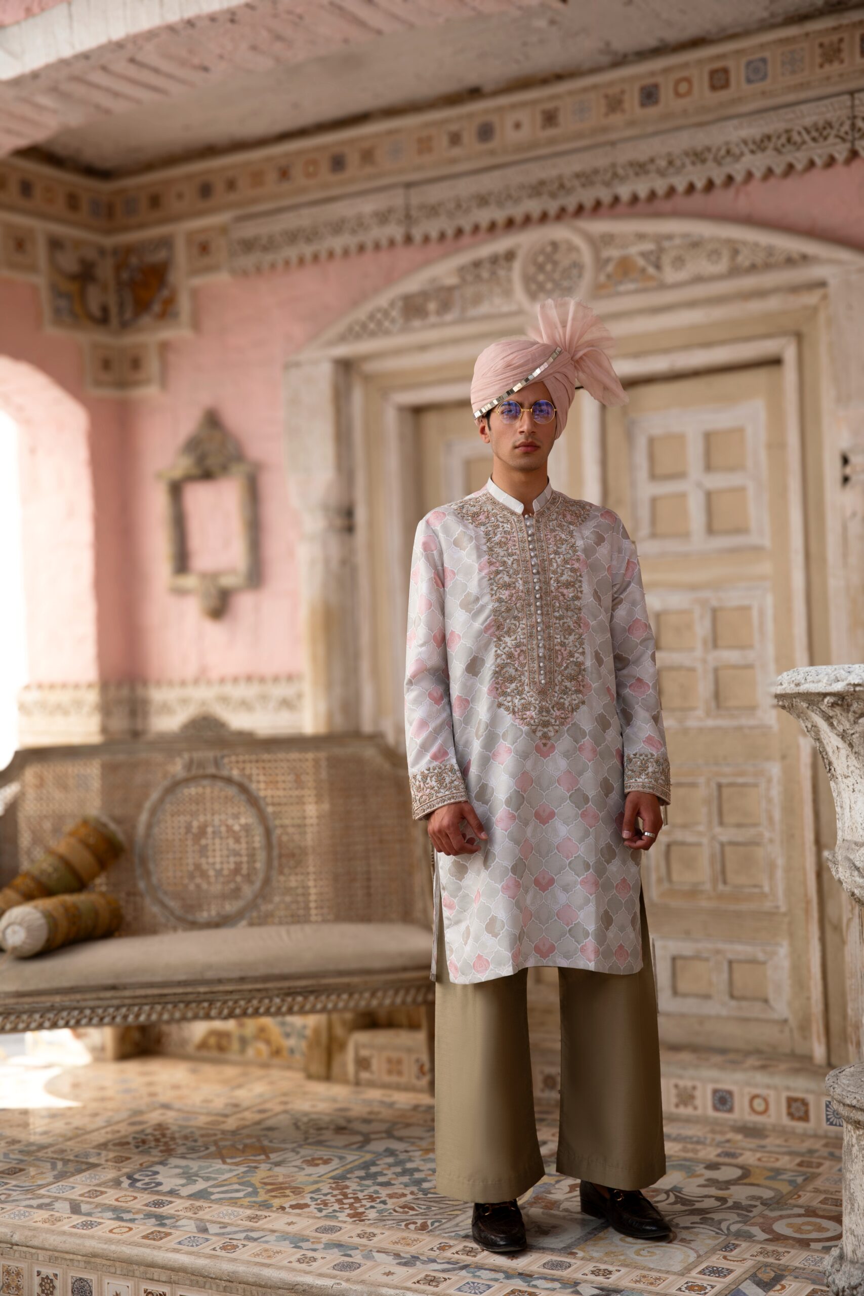 Pastel Rose Gold Embroidered Silk-Blend Men's Kurta (2-Piece) - Image 3