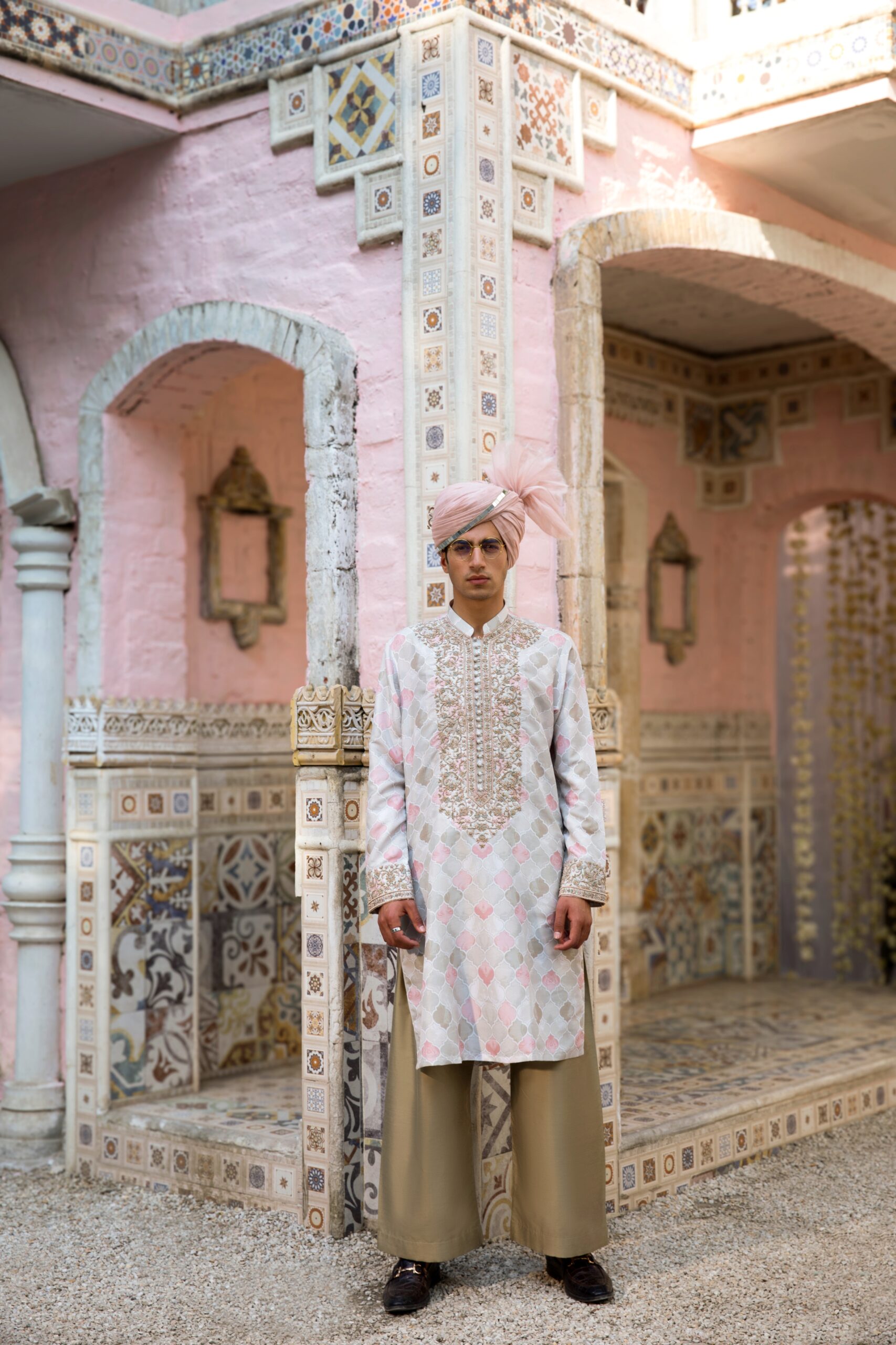 Pastel Rose Gold Embroidered Silk-Blend Men's Kurta (2-Piece) - Image 4