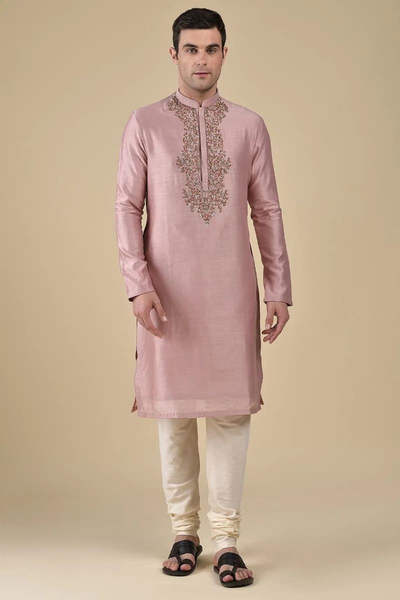 Mauve Pink Resham Embroidered Silk Kurta (2-Piece) - Image 1