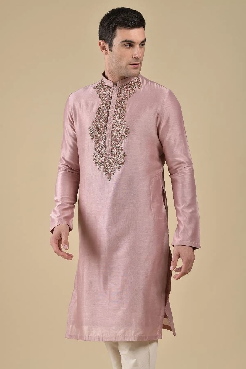Mauve Pink Resham Embroidered Silk Kurta (2-Piece) - Image 2
