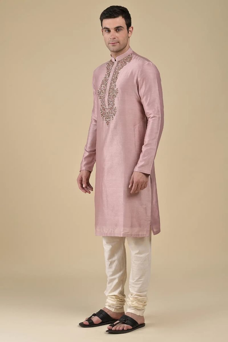 Mauve Pink Resham Embroidered Silk Kurta (2-Piece) - Image 3