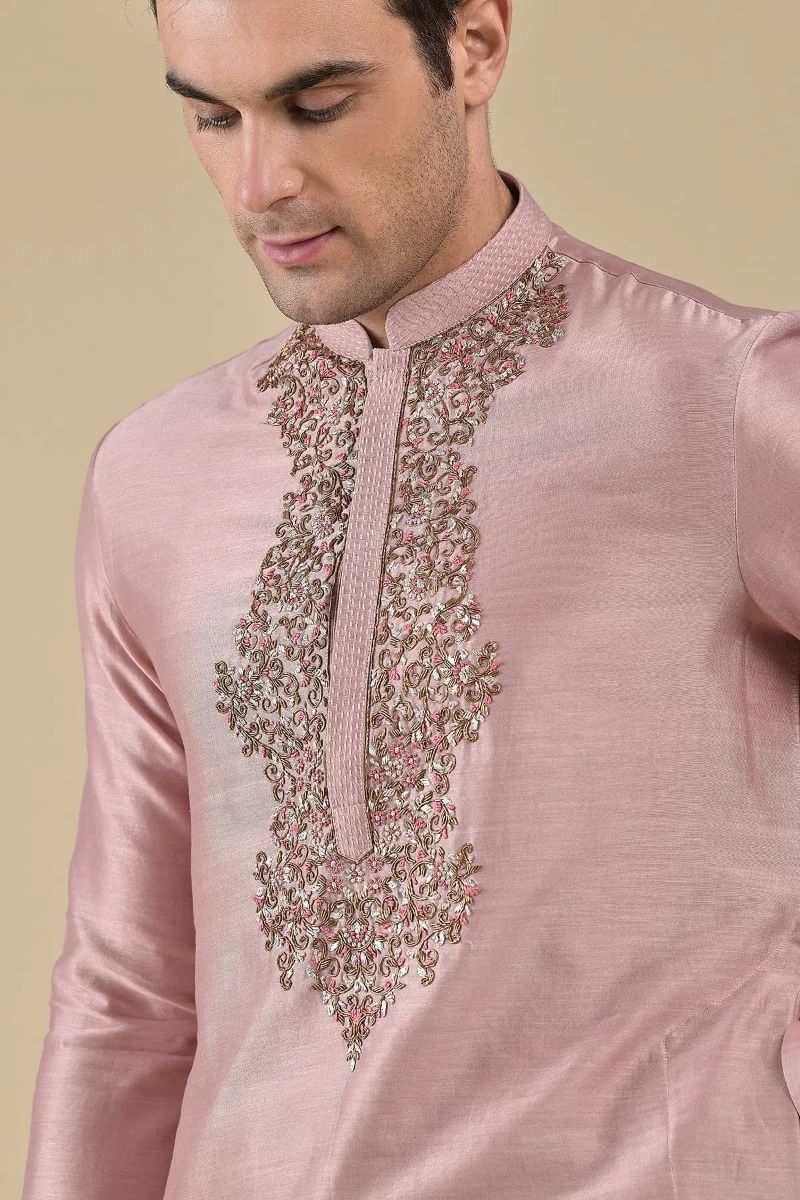 Mauve Pink Resham Embroidered Silk Kurta (2-Piece) - Image 4