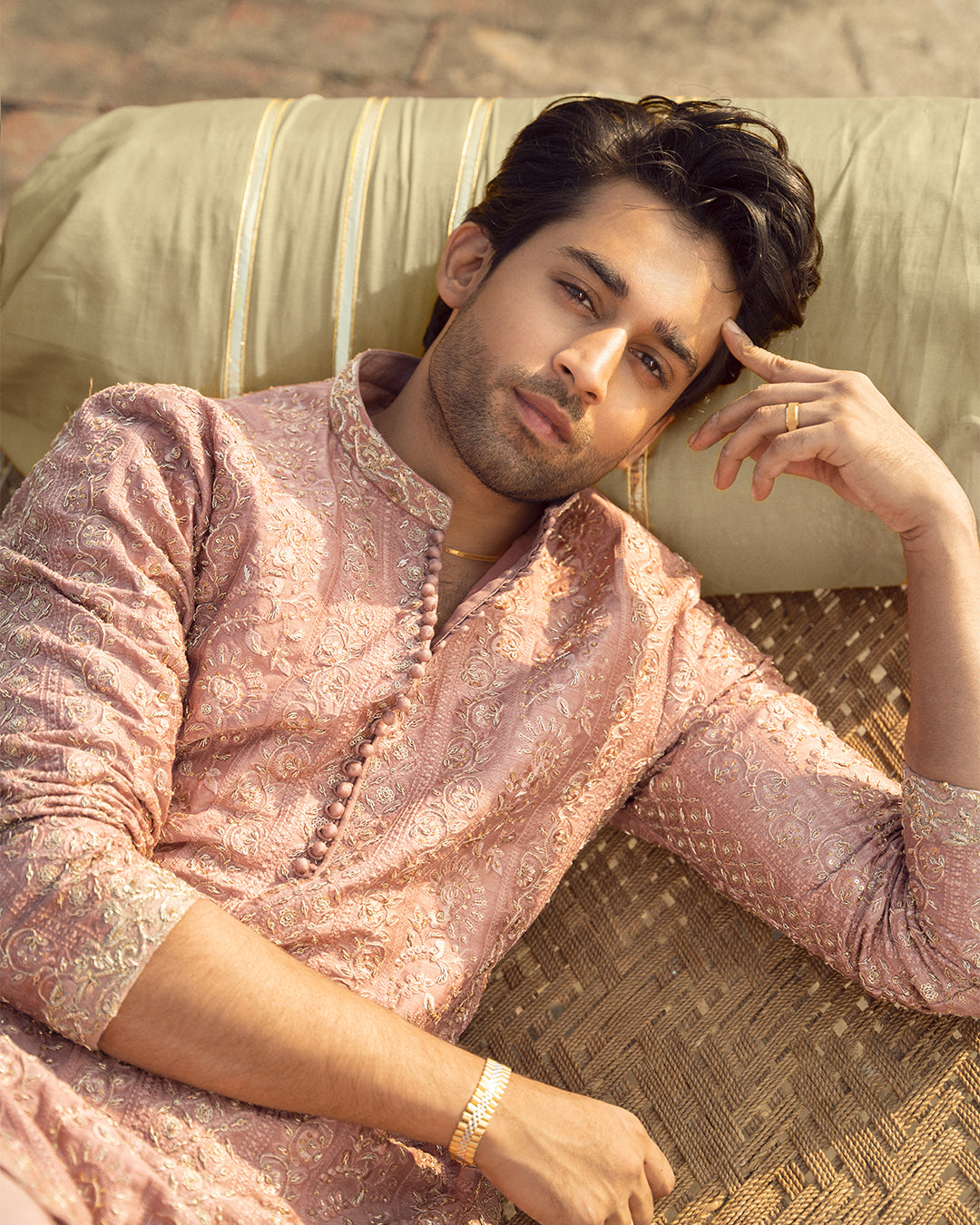 Dusty Pink Embroidered Korean Raw Silk Shalwar Kameez (3-Piece) - Image 4