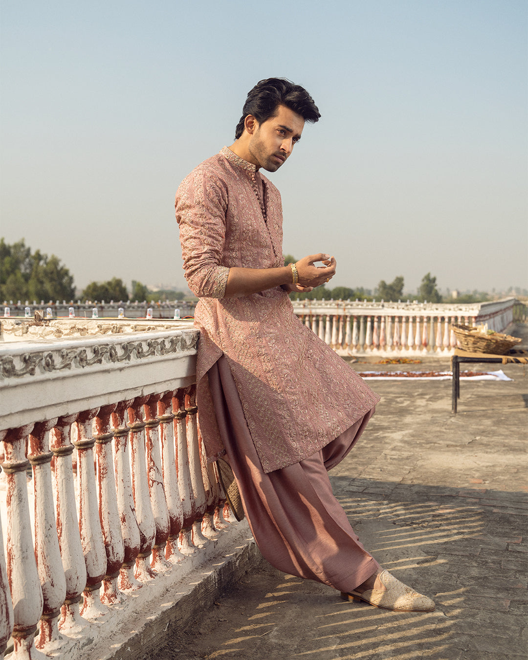 Dusty Pink Embroidered Korean Raw Silk Shalwar Kameez (3-Piece) - Image 1