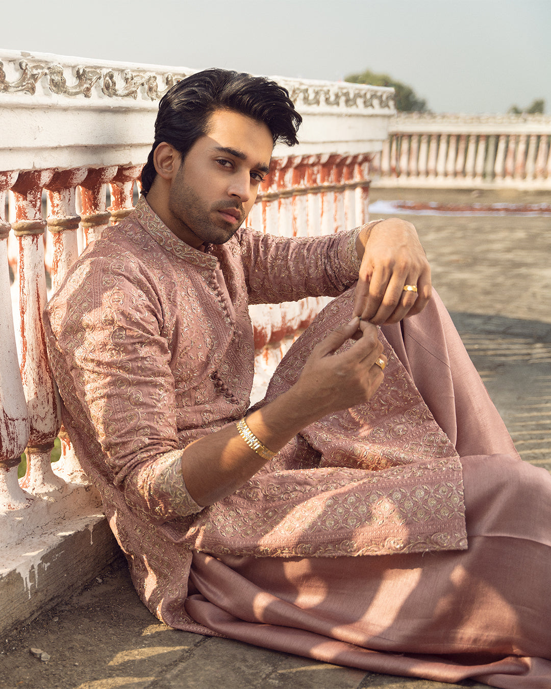 Dusty Pink Embroidered Korean Raw Silk Shalwar Kameez (3-Piece) - Image 3