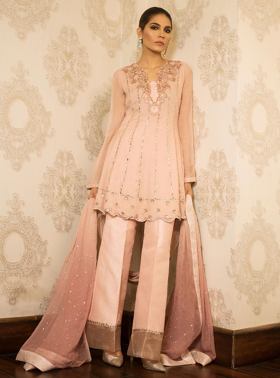 Pakistani Blush Pink Mukaish Embroidered Chiffon Peplum (3-Piece) - Image 2