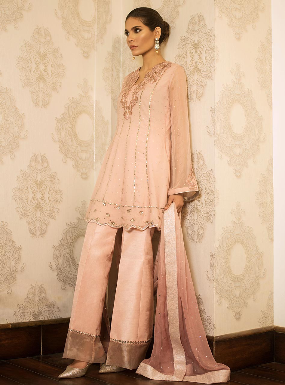 Pakistani Blush Pink Mukaish Embroidered Chiffon Peplum (3-Piece) - Image 3