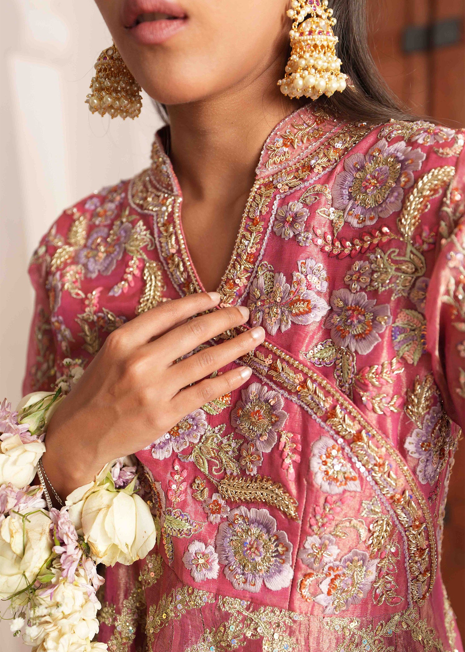 Pakistani Candy Pink Embroidered French Lama Peplum (3-Piece) - Image 2