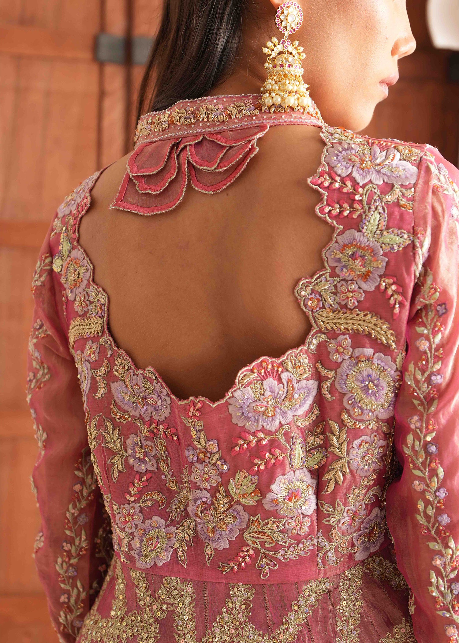 Pakistani Candy Pink Embroidered French Lama Peplum (3-Piece) - Image 4