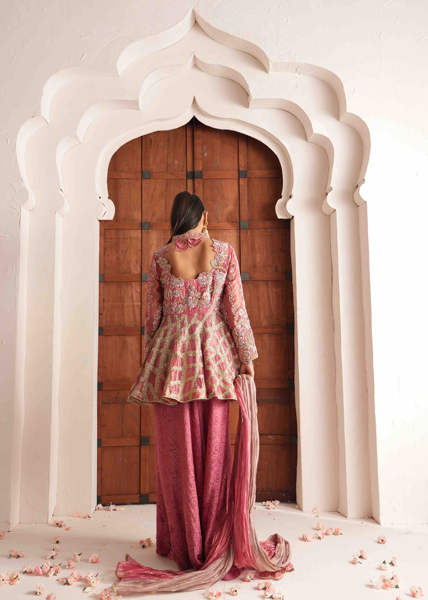 Pakistani Candy Pink Embroidered French Lama Peplum (3-Piece) - Image 6