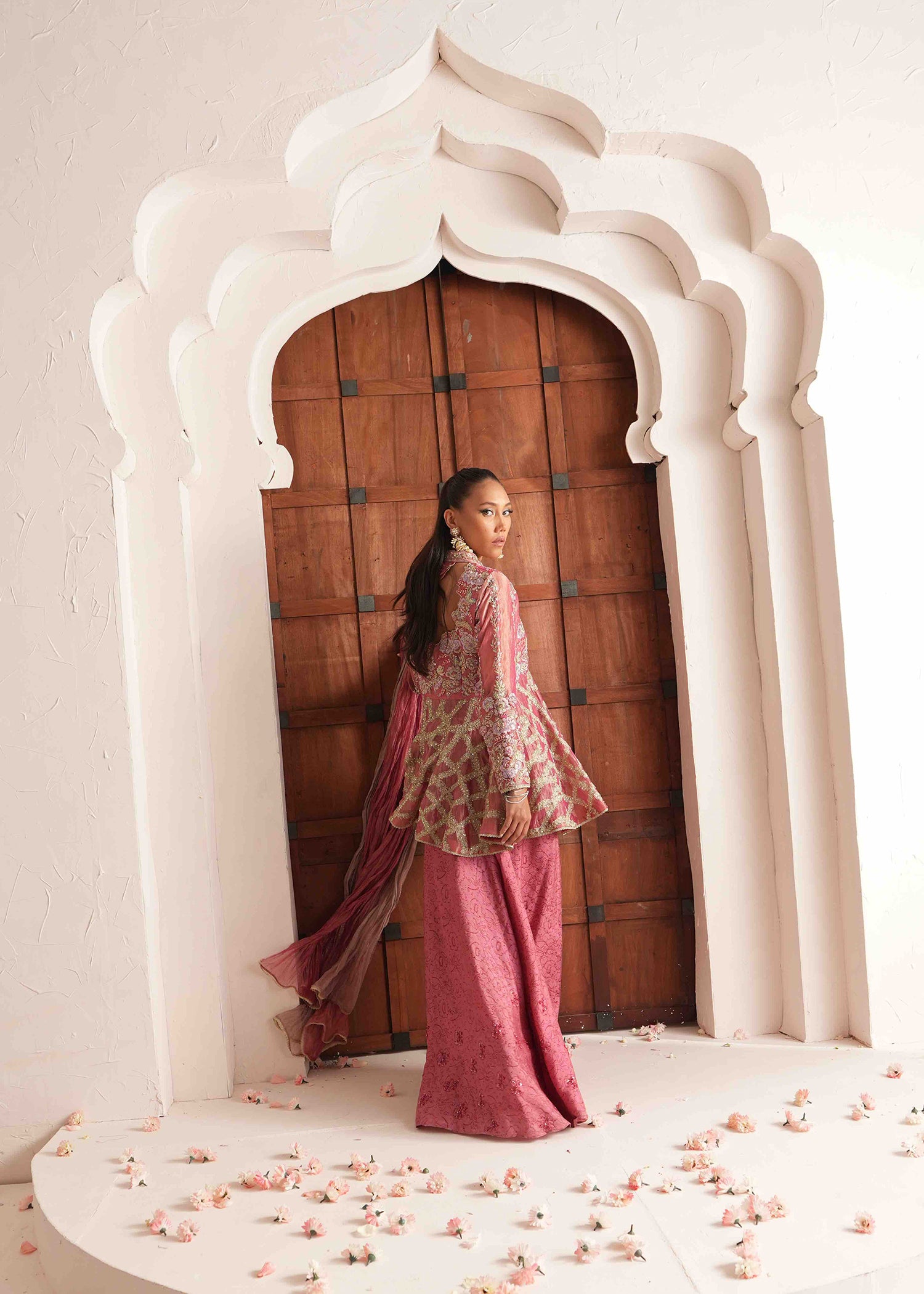 Pakistani Candy Pink Embroidered French Lama Peplum (3-Piece) - Image 8