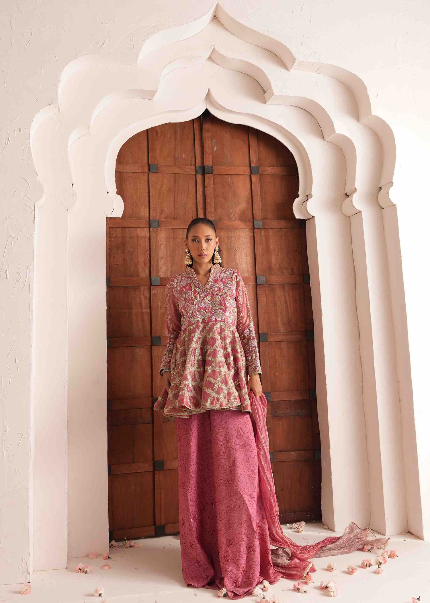 Pakistani Candy Pink Embroidered French Lama Peplum (3-Piece) - Image 9