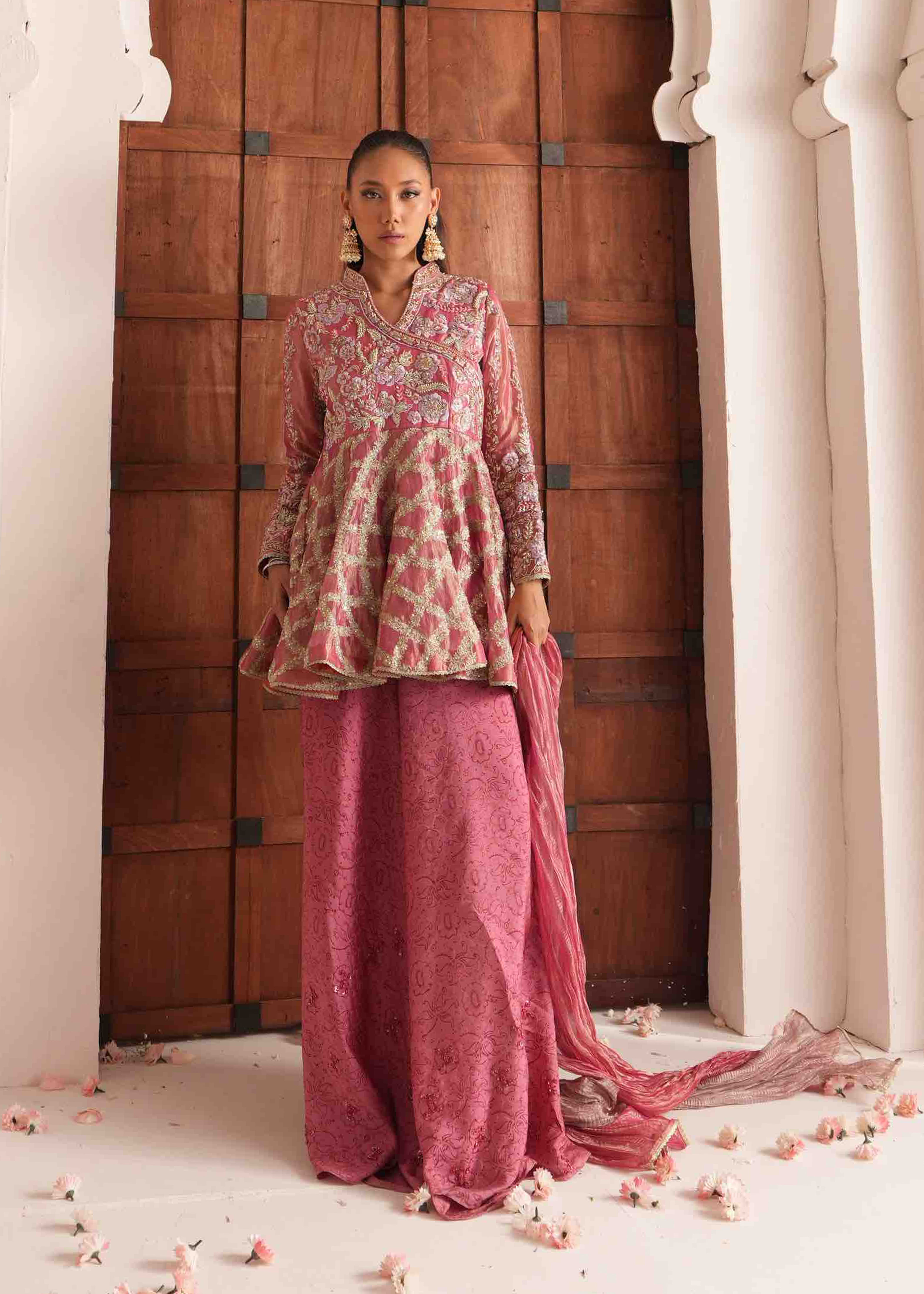 Candy Pink Embroidered French Lama Peplum (3-Piece) - Image 1