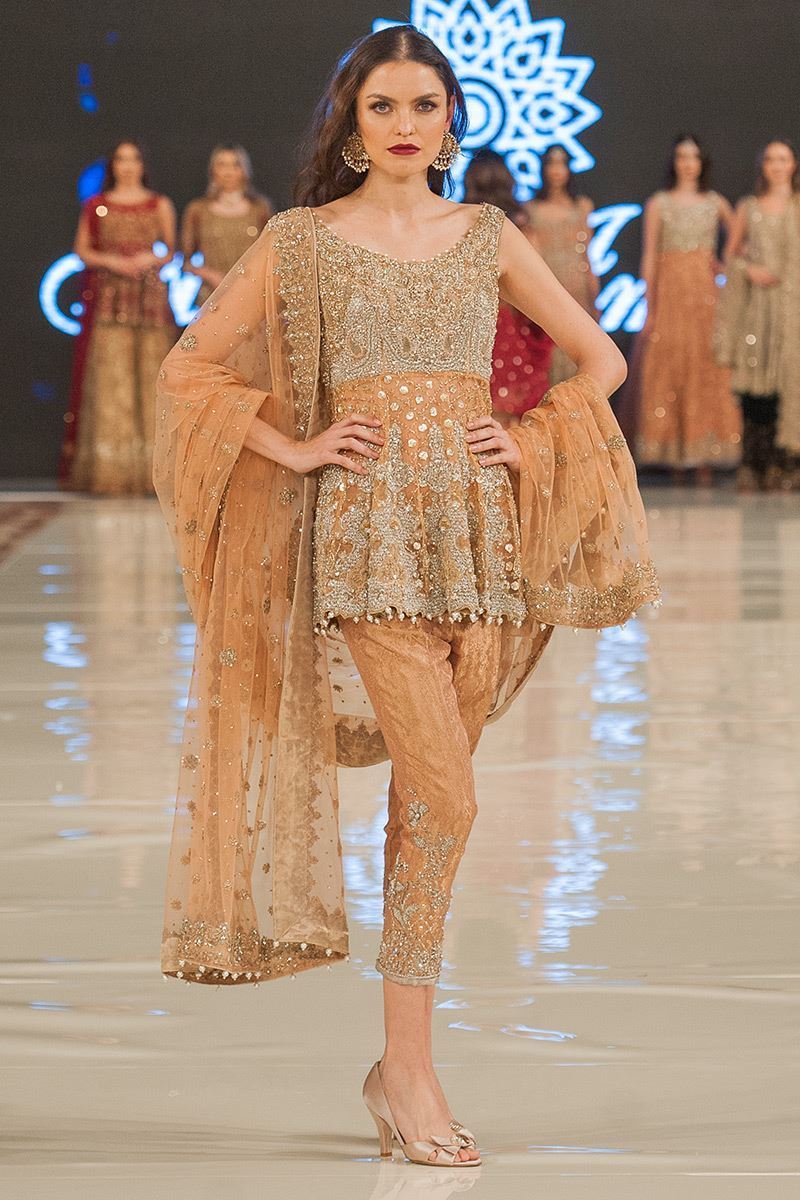 Peach Embroidered Net Peplum Dress (3-Piece) - Image 1