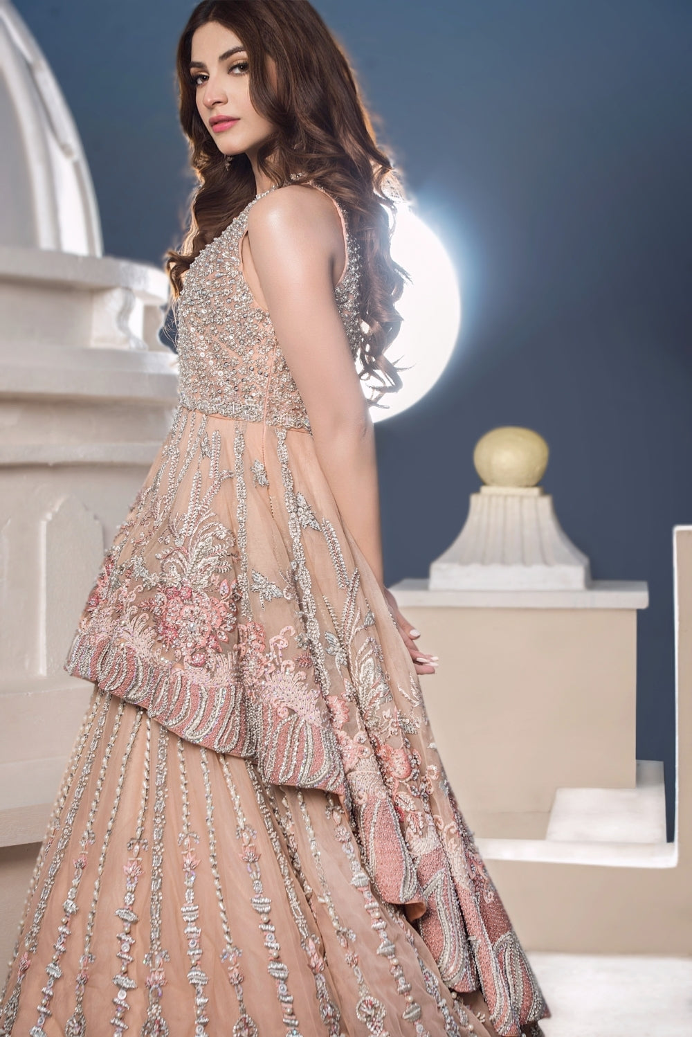 Pakistani Blush Nude Embroidered Net Peplum Gown (1-Pc) - Image 3