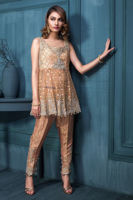 Pakistani Peach Sequinned Net Peplum Dress (3-Piece) - Image 2