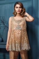Pakistani Peach Sequinned Net Peplum Dress (3-Piece) - Image 4
