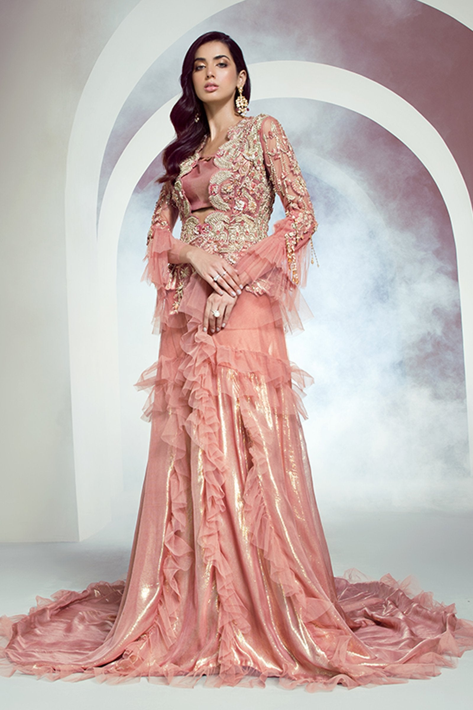 Pakistani Pink Embroidered Net Peplum with Shimmer Skirt (2-Piece) - Image 1