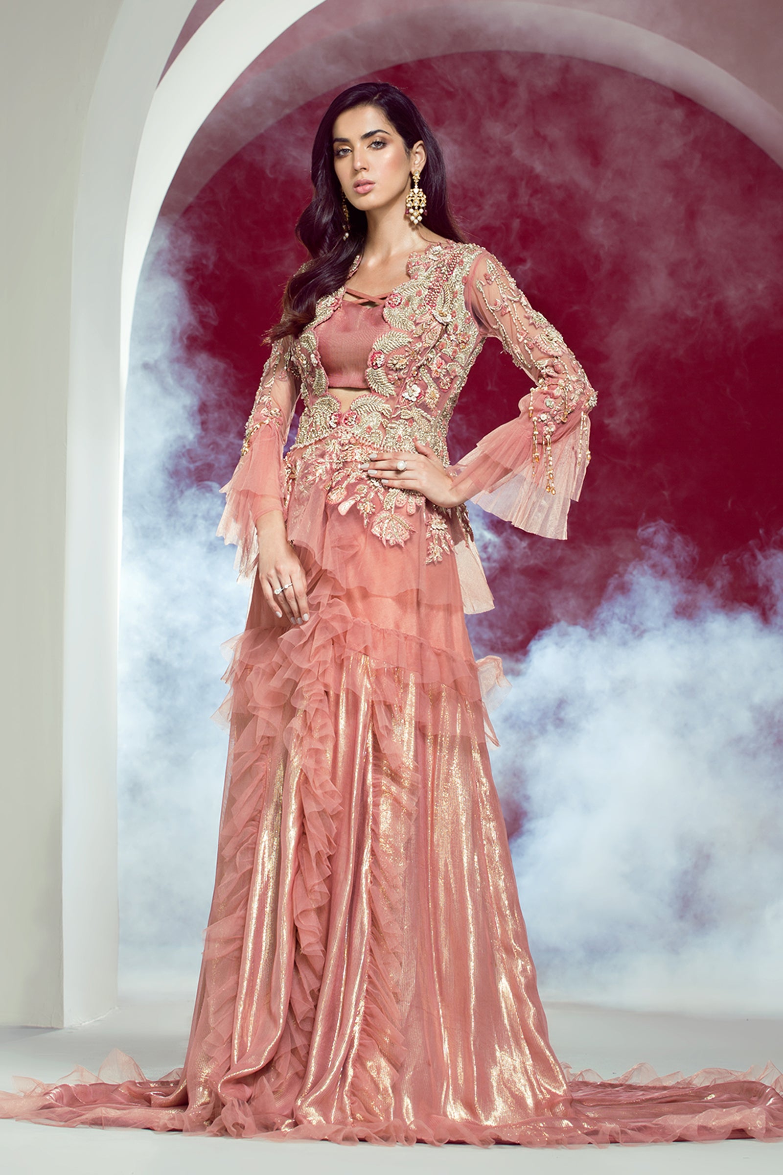 Pakistani Pink Embroidered Net Peplum with Shimmer Skirt (2-Piece) - Image 2