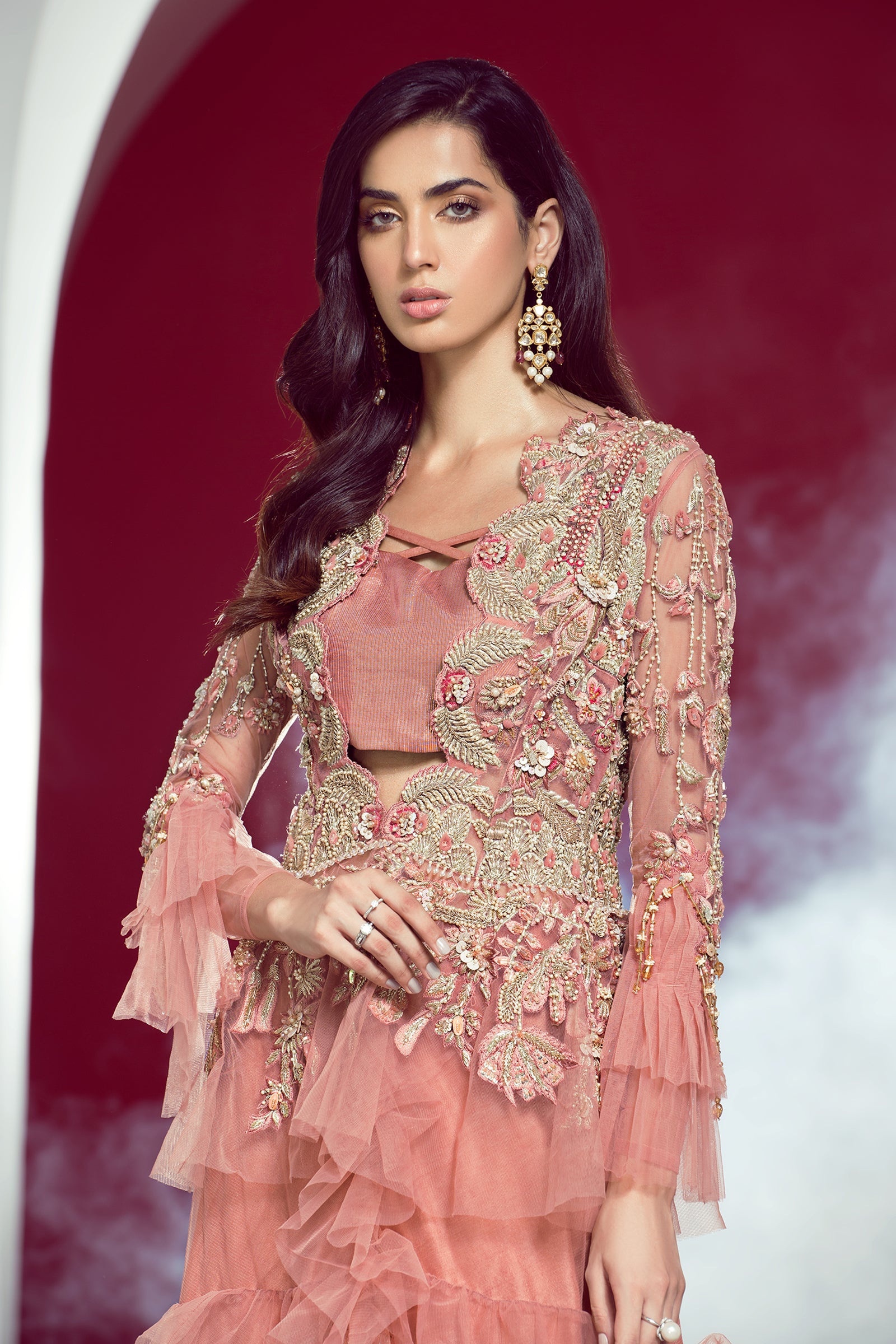 Pakistani Pink Embroidered Net Peplum with Shimmer Skirt (2-Piece) - Image 5