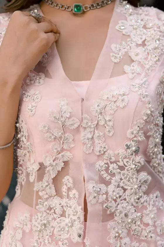 Powder Pink Embroidered Organza Peplum with Sharara (3-Piece) - Image 4