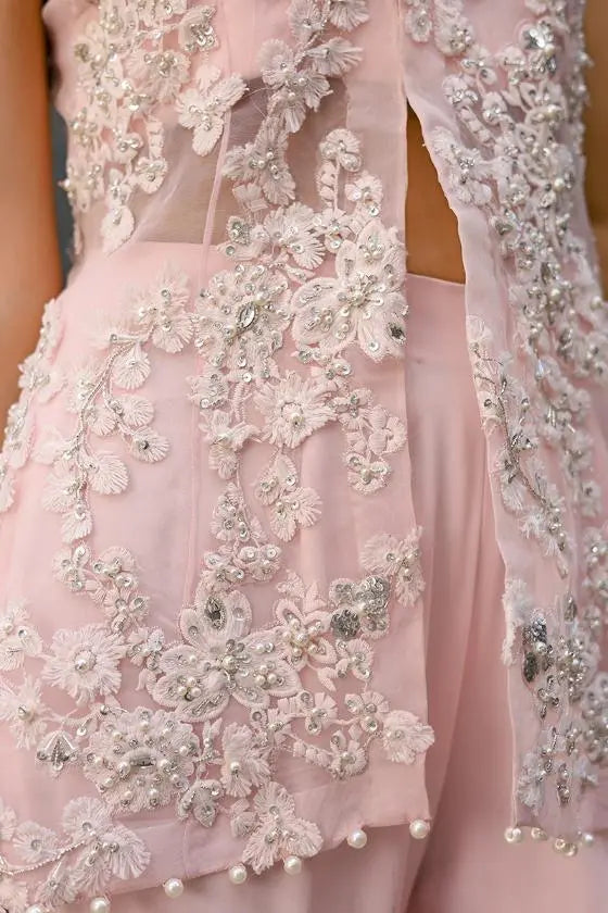 Powder Pink Embroidered Organza Peplum with Sharara (3-Piece) - Image 5