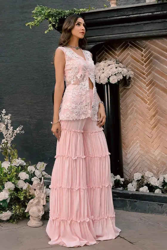 Powder Pink Embroidered Organza Peplum with Sharara (3-Piece) - Image 6